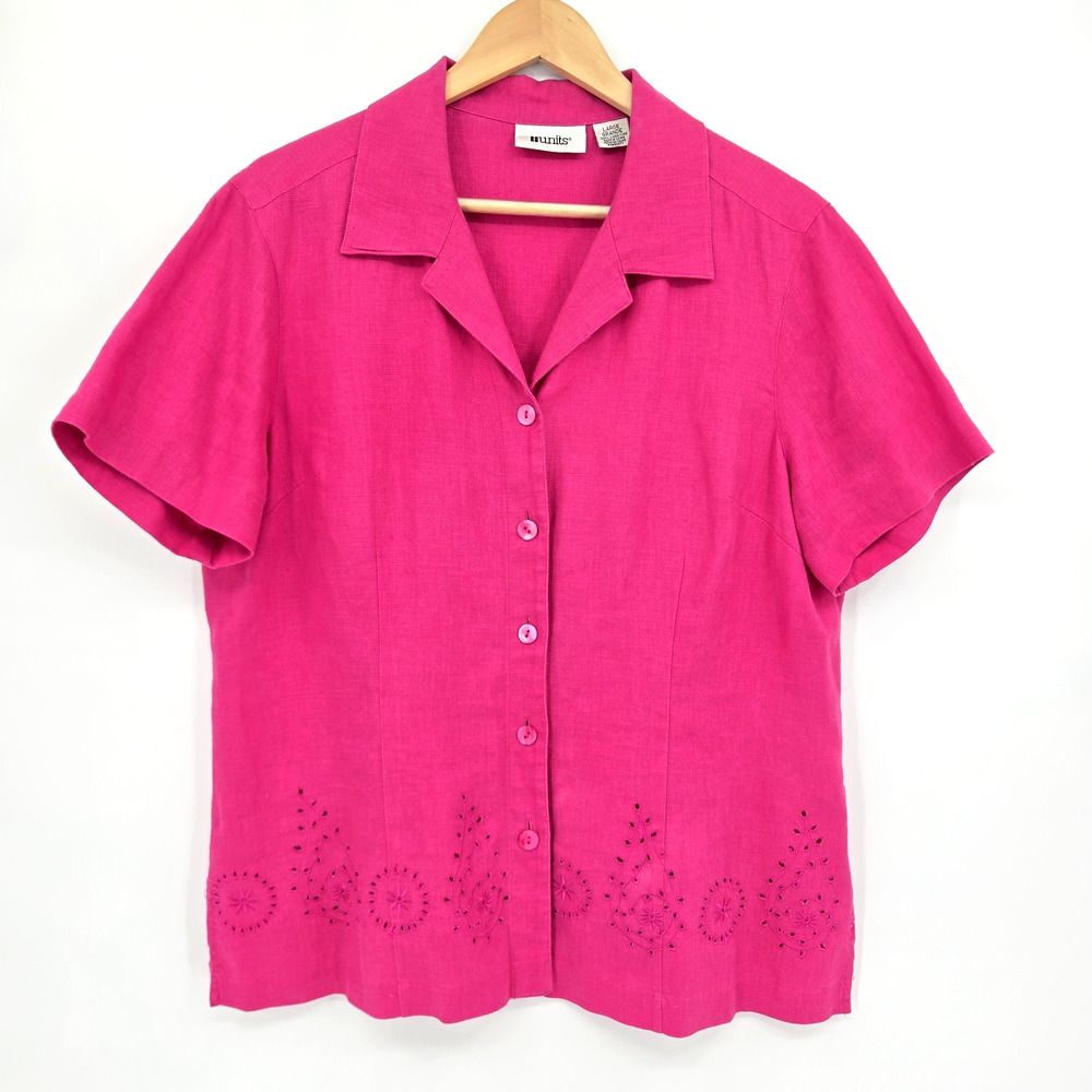 Units 100% Linen Pink Button Up Top Eyelet Floral Paisley Coastal Grandma Size L